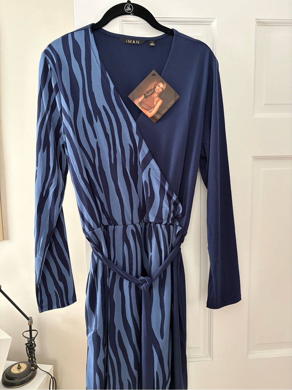 IMAN Navy and Periwinkle Wrap-Style Dress